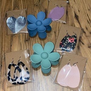 Floral and Geometric Earrings Set with Flower Clips